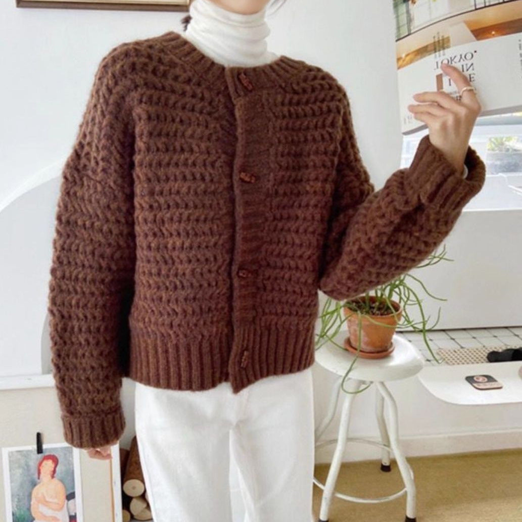 Damen Grobstrickpullover mit dekorativer Knopfleiste und wabenförmigem Muster Drune