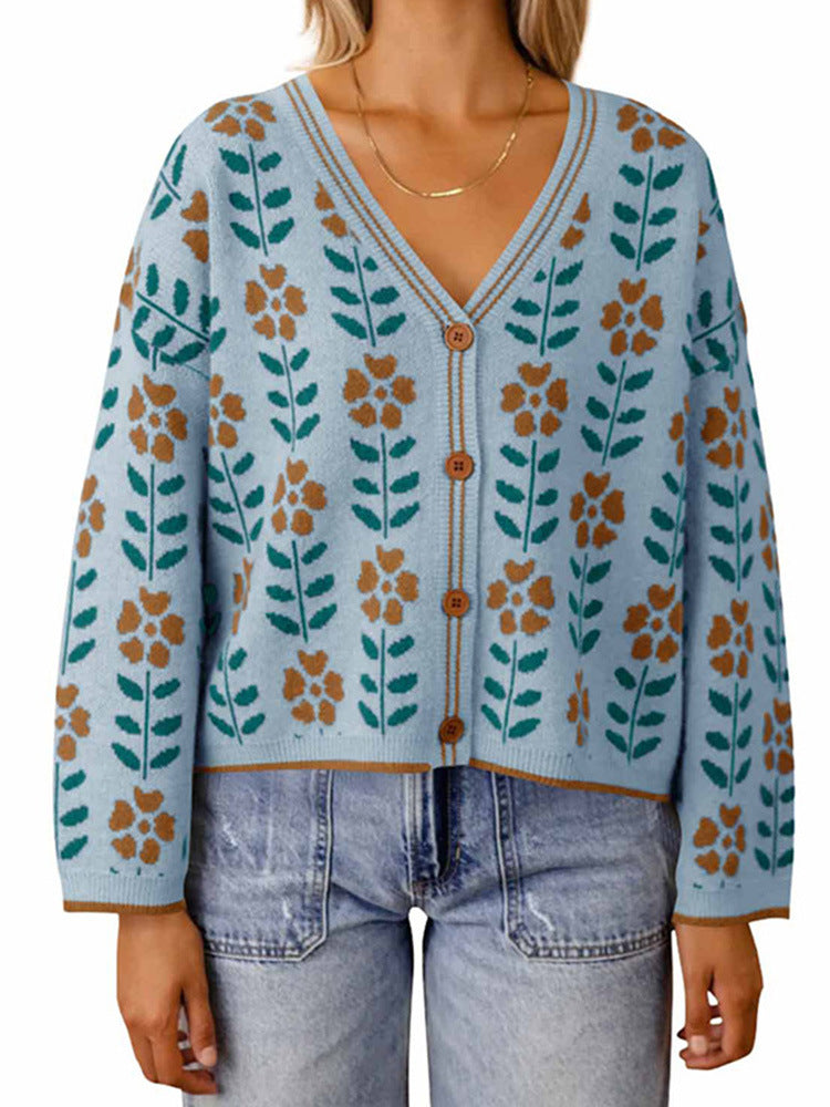 Damen Strickjacke mit floralem Design und Knopfdetails Drune