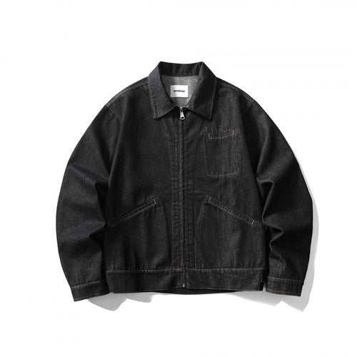 Unisex Kastige Denim-Blousonjacke mit durchgehendem Reißverschluss, Hemdkragen und aufgesetzten Eingrifftaschen Drune