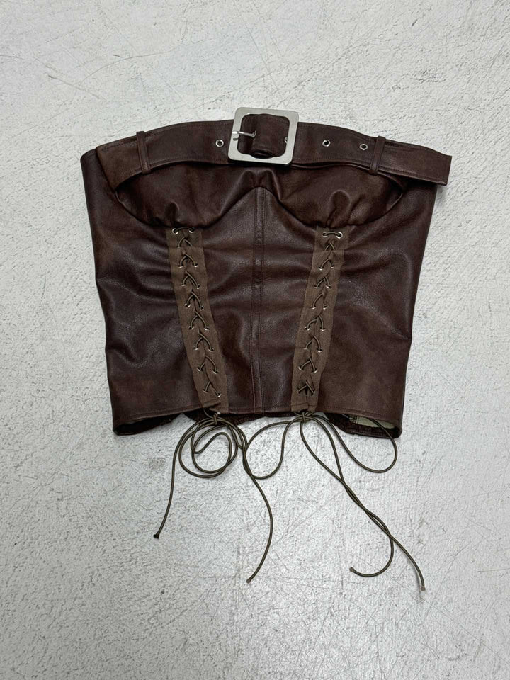 Damen Kunstleder-Corsage mit raffinierten Schnürdetails und dekorativem Gürtel Drune