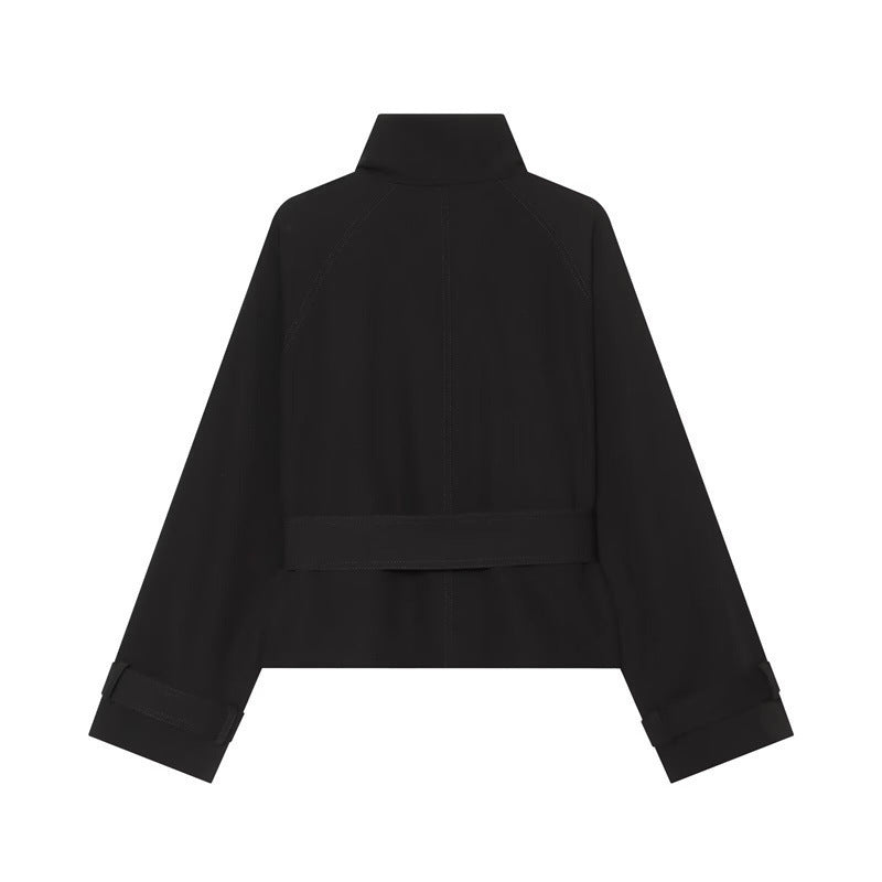 Damen Kurzer Doppelreiher-Trench mit Taillengürtel, Schulterklappen und goldfarbenen Details Drune