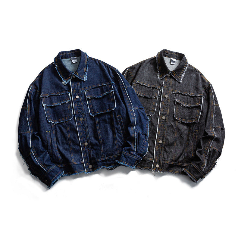 Herren Oversize Jeansjacke mit ausgefransten Kanten und großen Pattenstaschen Drune