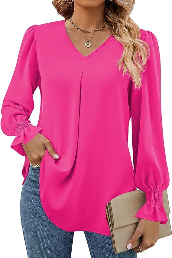 Damen elegante Bluse mit V-Ausschnitt und voluminösen Ärmeln Drune