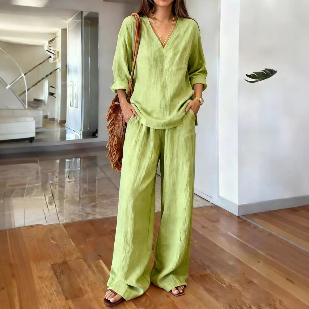 Damen Leichte Sommerhose mit weitem Schnitt und V-Ausschnitt Shirt Drune