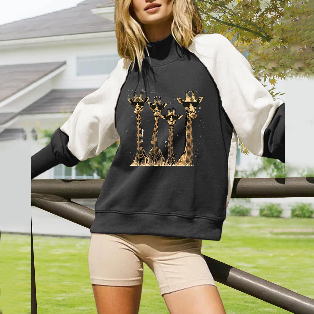 Damen nan lässiges Oversize Sweatshirt mit hohem Rollkragen, Raglanärmeln und Giraffen-Print Drune