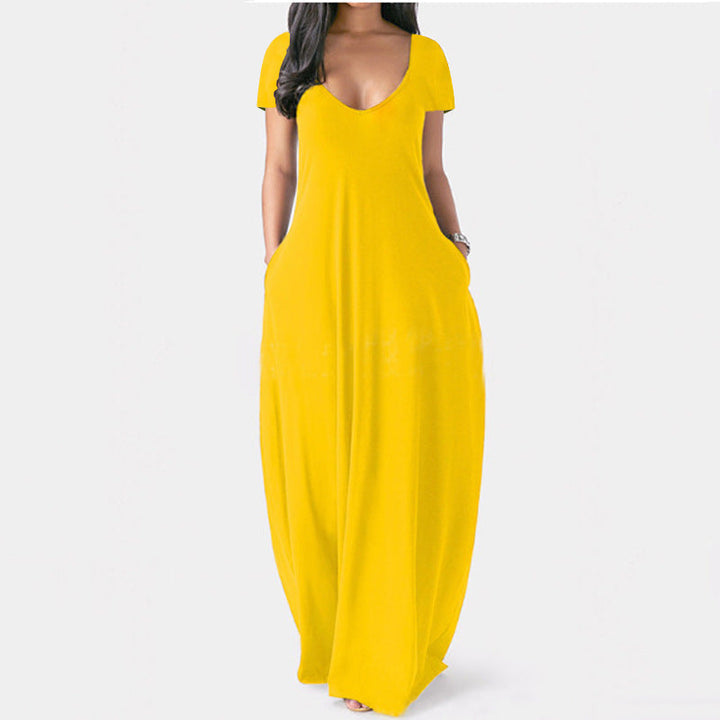 Drune | U-Ausschnitt Kurzarm Lockere Passform Maxikleid