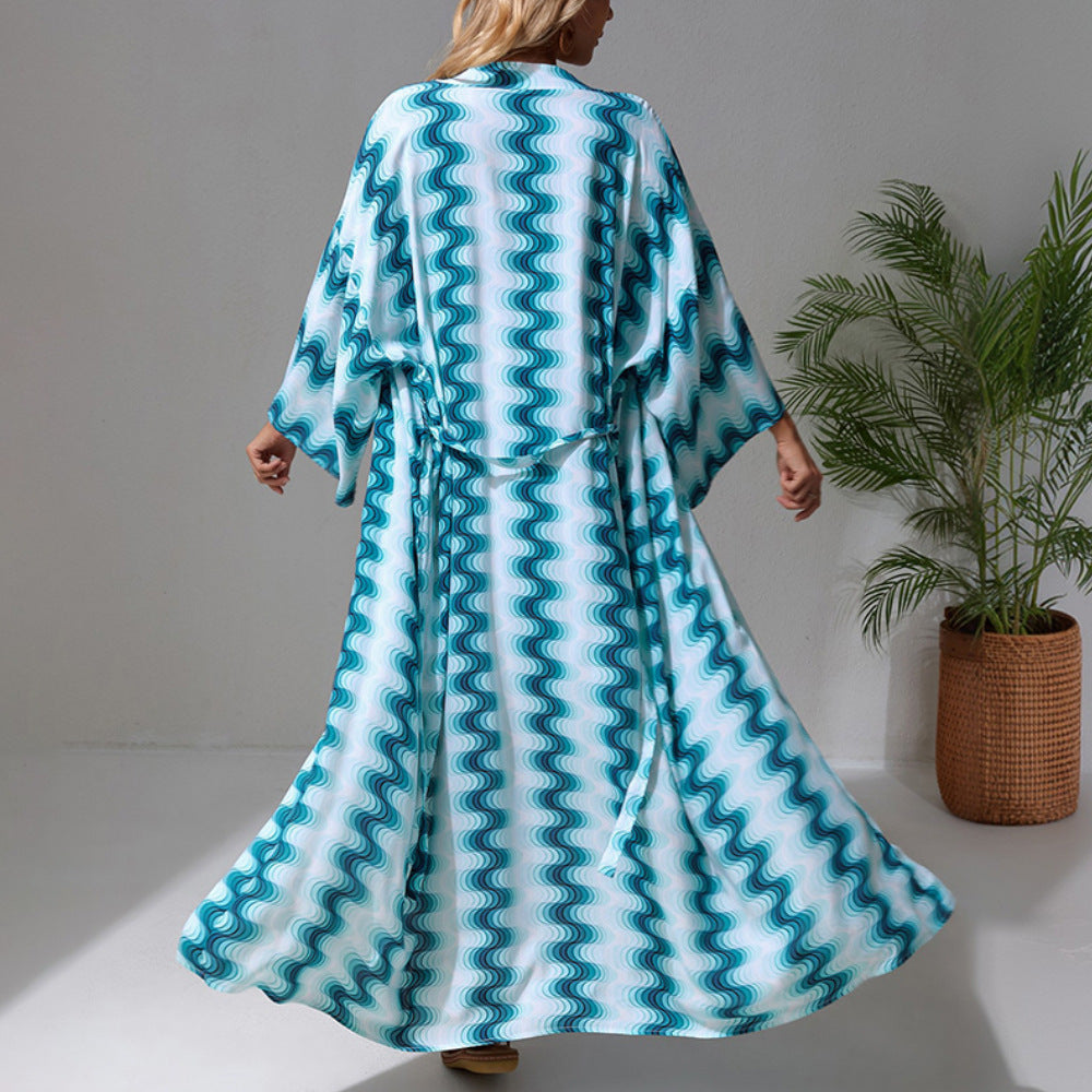 Damen Langer Strandkaftan mit V-Ausschnitt, Taillen-Bindegürtel & hohem Beinschlitz Drune