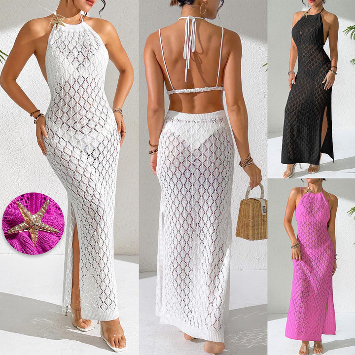 Damen gehäkeltes Maxi-Kleid mit tiefem V-Ausschnitt Drune