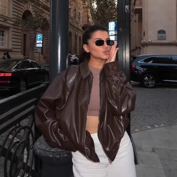 Damen nan oversized Lederjacke im Bomberstil mit Hemdkragen, durchgehendem Reißverschluss und lässiger Silhouette Drune