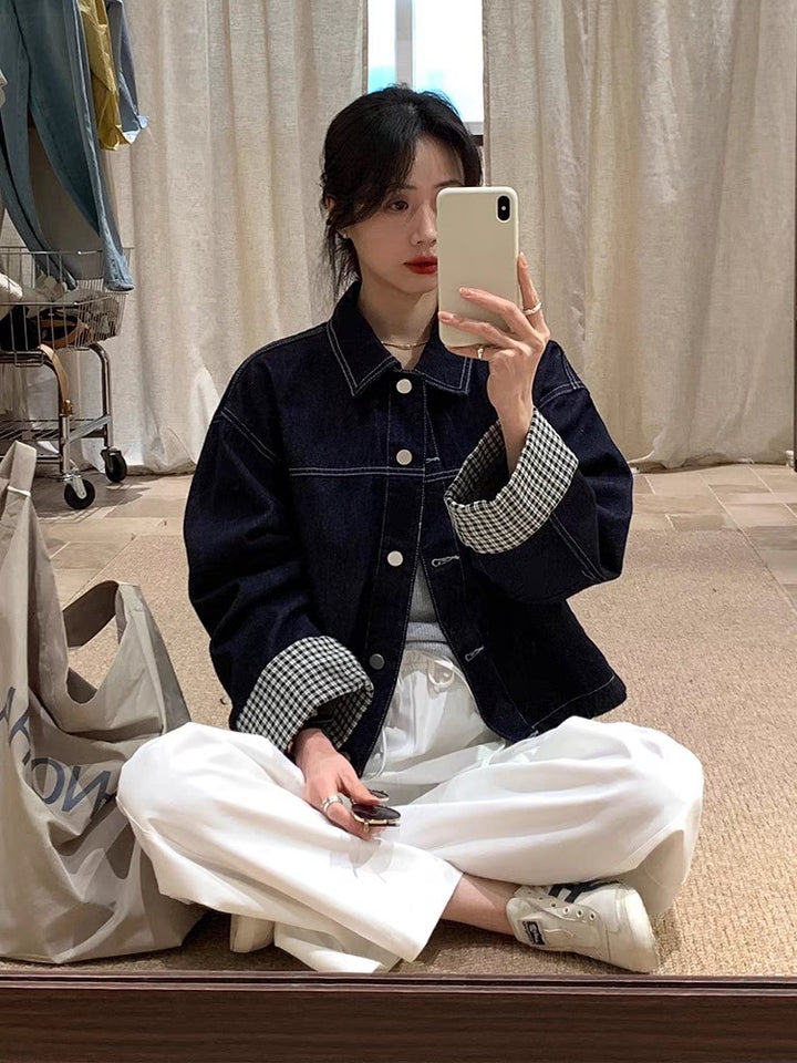 Damen Oversized Jeansjacke mit kontrastiertem Karo-Futter und Umschlagmanschetten Drune