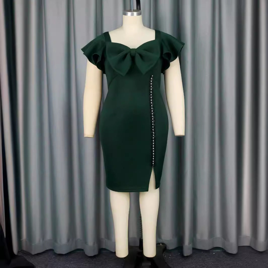 Damen figurbetontes Kleid mit großem Schleifenakzent und seitlichem Schlitz Drune