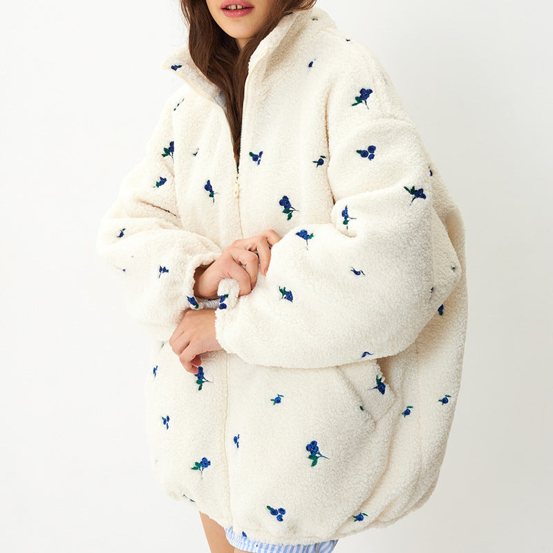 Damen kuschelige Fleecejacke mit Blumenstickerei Drune