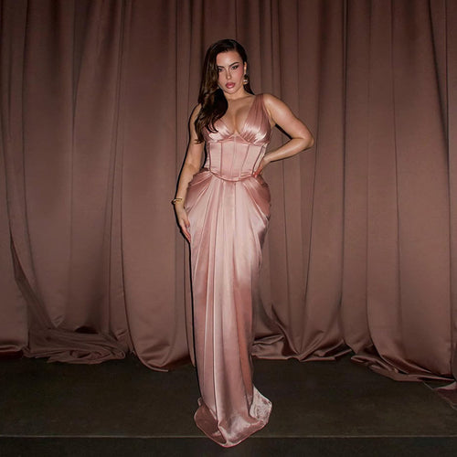 Damen elegantes Maxikleid mit feinem V-Ausschnitt und tailliertem Design Drune