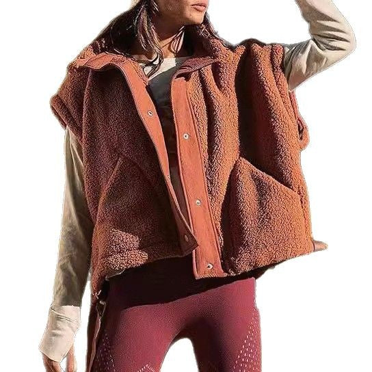 Damen Übergroße Teddyfleece-Weste mit Kapuze und Druckknöpfen Drune