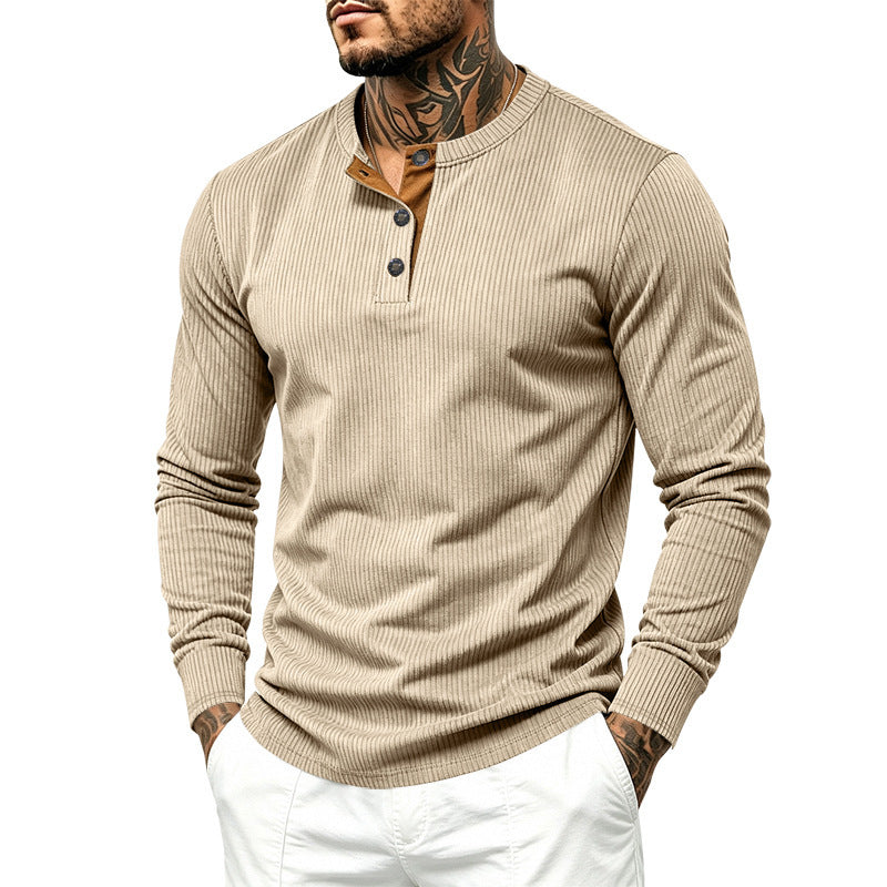 Herren Geripptes Henley-Langarmshirt aus Feinstrick mit Stehkragen und Knopfleiste Drune