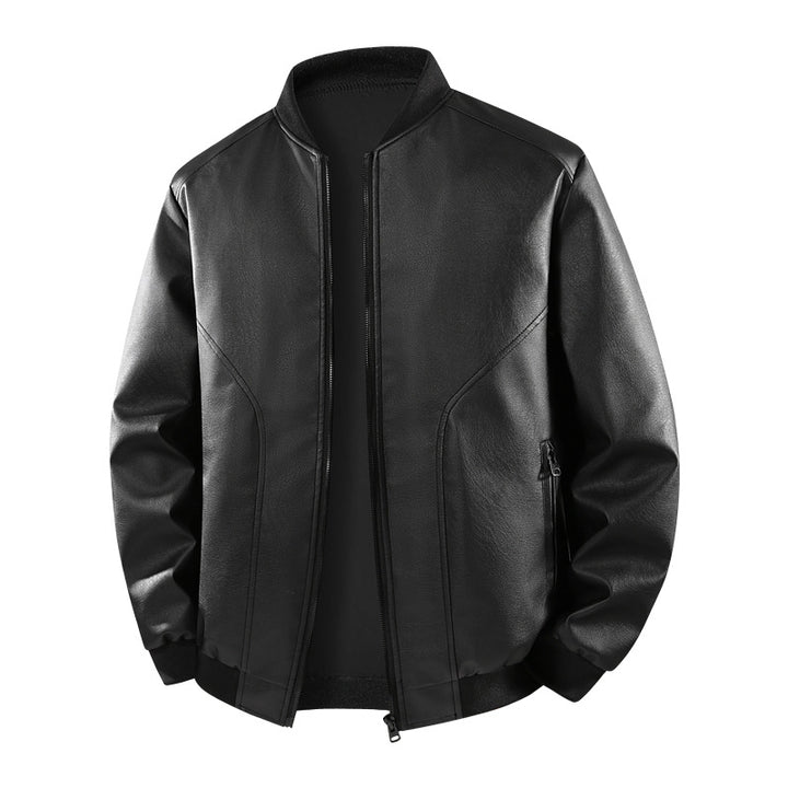 Herren Lederbomberjacke mit schmalem Stehkragen, verdecktem Reißverschluss und minimalistischen Ziernähten Drune
