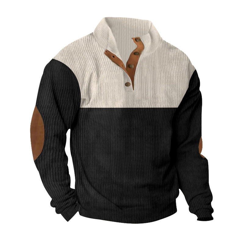 Herren nan gerippter Pullover mit Stehkragen, Knopfleiste und Ellbogen-Patches Drune