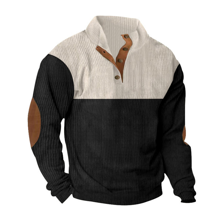 Herren nan gerippter Pullover mit Stehkragen, Knopfleiste und Ellbogen-Patches Drune