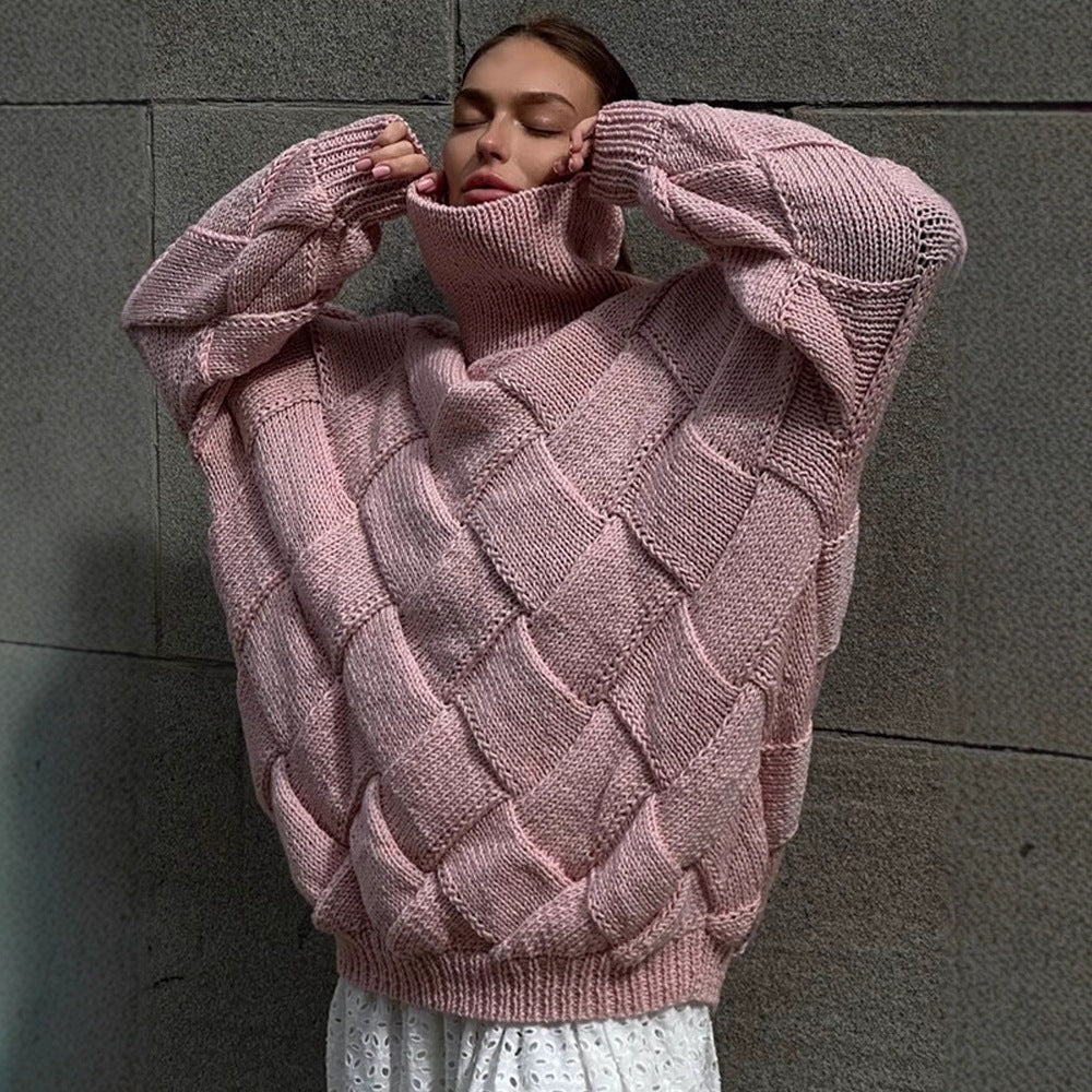 Damen Oversize Strickpullover mit Rollkragen, Zopfmuster und voluminösen Ballonärmeln Drune