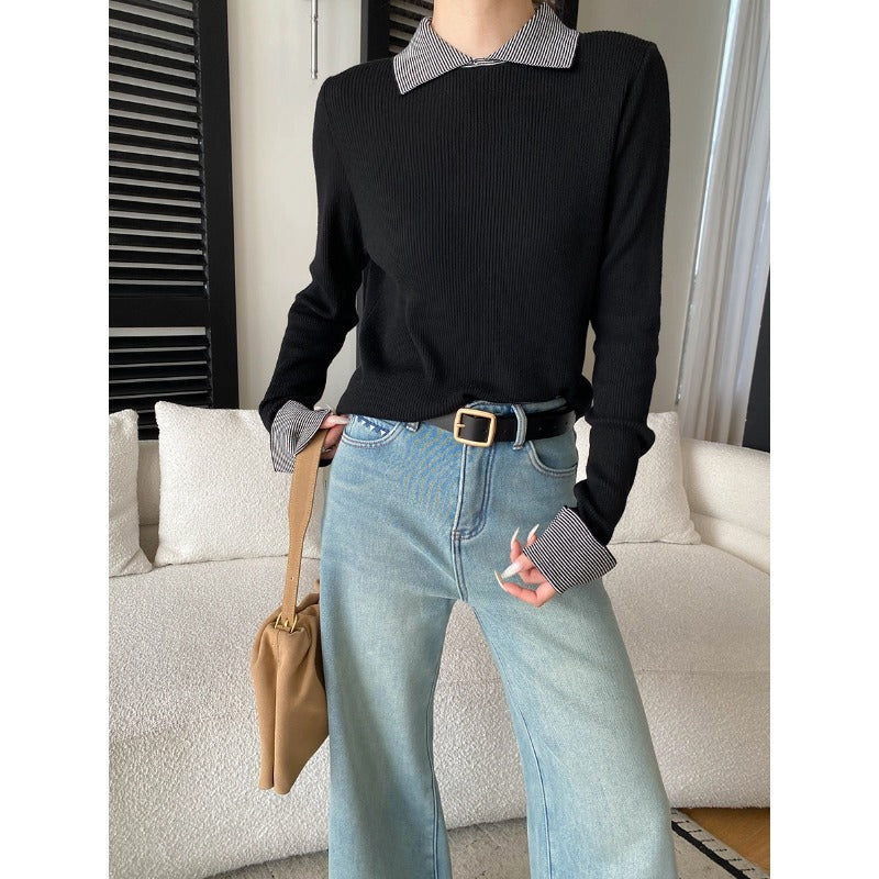 Damen gestreifter Pullover mit klassischem Kragen und eleganter Rippstruktur Drune