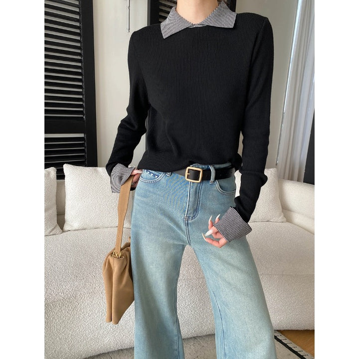Damen gestreifter Pullover mit klassischem Kragen und eleganter Rippstruktur Drune