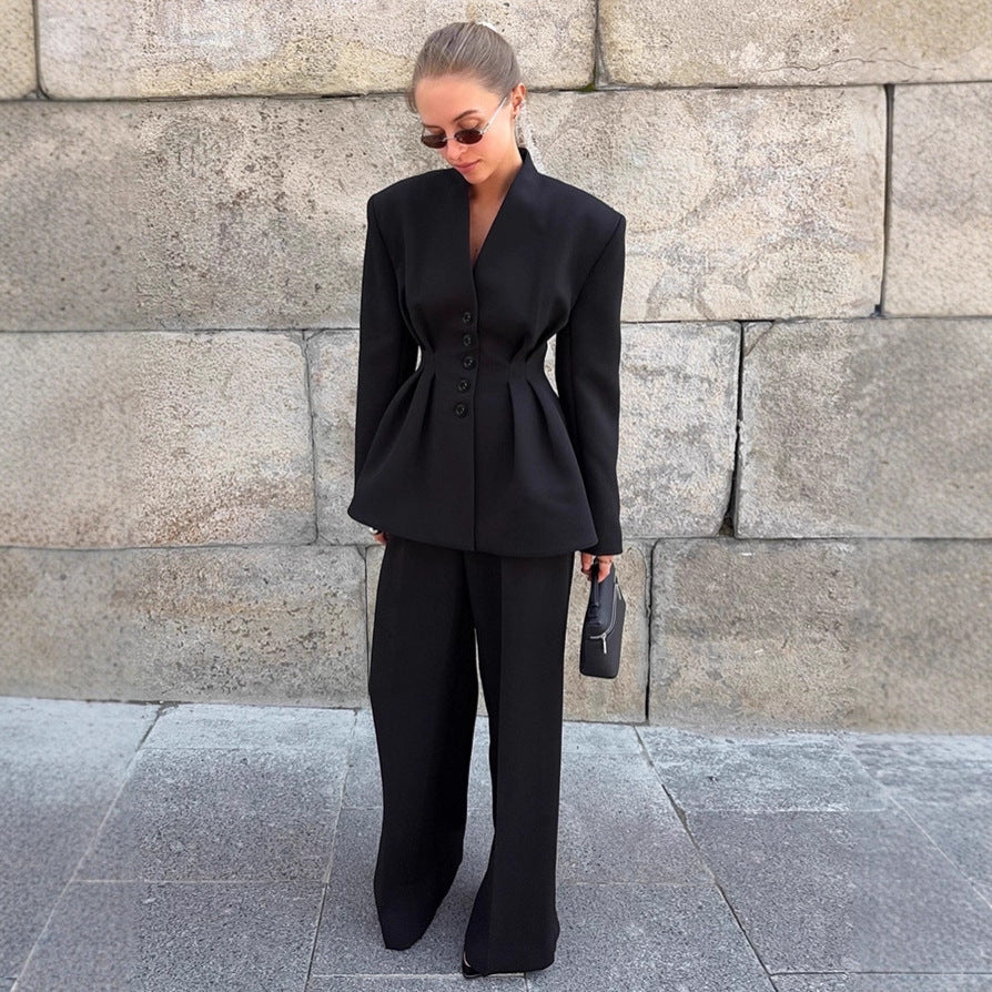 Damen Eleganter Blazer-Hosenanzug mit taillierter Silhouette und klassischen Knopfdetails Drune