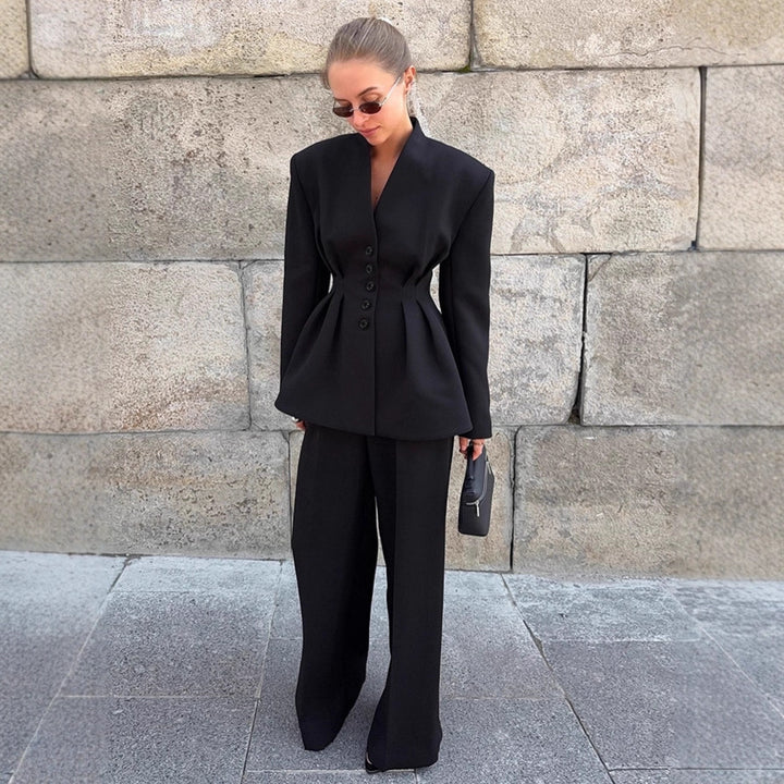 Damen Eleganter Blazer-Hosenanzug mit taillierter Silhouette und klassischen Knopfdetails Drune