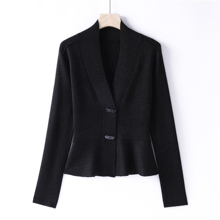 Damen Feiner Strickcardigan mit Schalkragen, taillenbetontem Peplum und Zierknopfleiste Drune