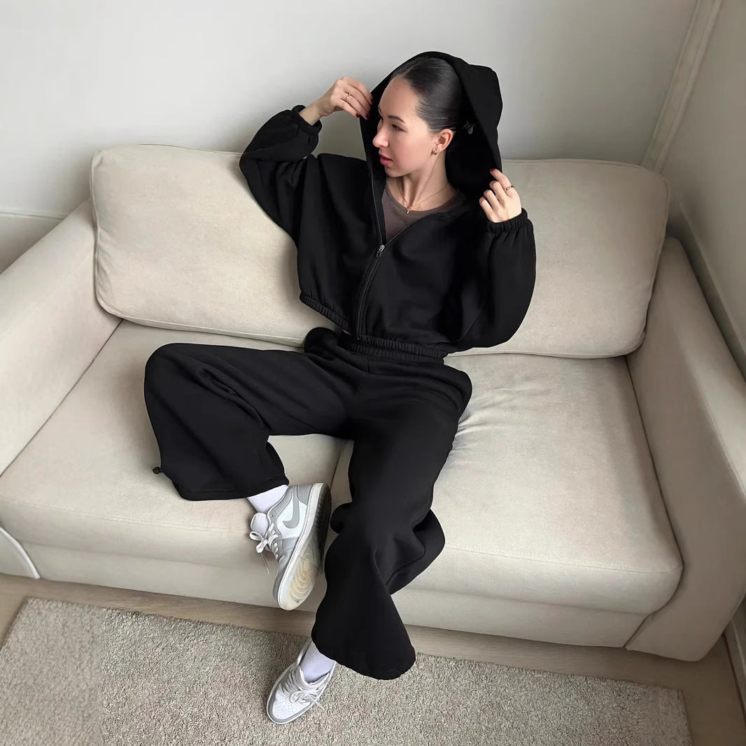 Damen Oversize Sweatset mit Reißverschluss Bomberjacke und Highwaist Jogginghose Drune