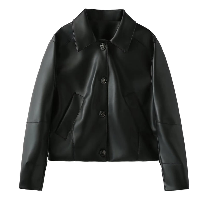 Damen nan taillierte Kunstlederjacke im Blousonstil mit Hemdkragen Drune