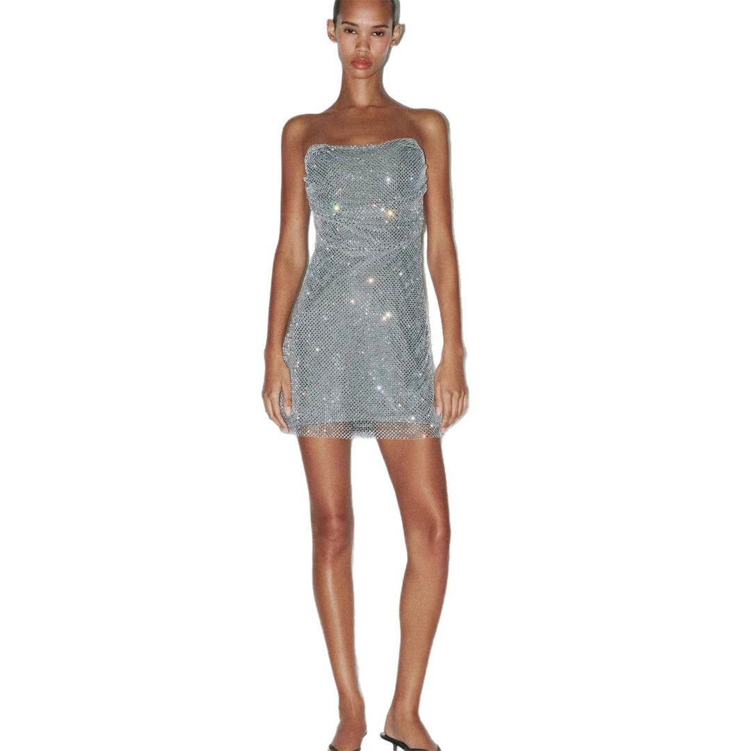 Damen Glitzerndes Cocktailkleid mit schulterfreiem Design und funkelnden Pailletten Drune