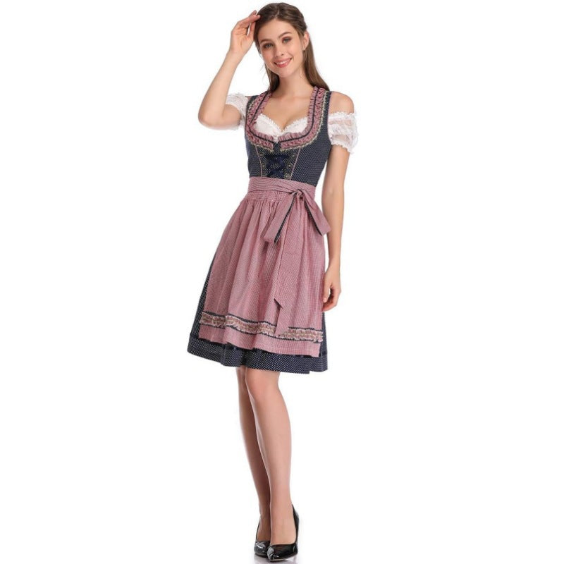 Damen nan traditionelles Dirndlkleid mit Schnürung, floraler Baumwollqualität und Schleifen-Schürze Drune