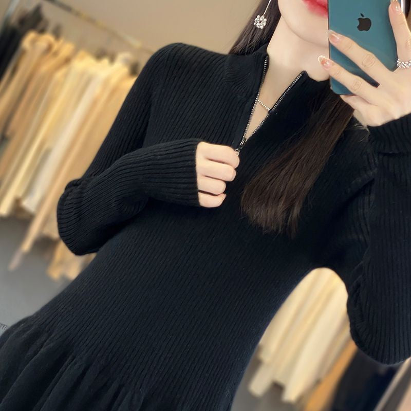 Damen lässiges Strickkleid mit hohem Kragen und Zip-Taschen Drune