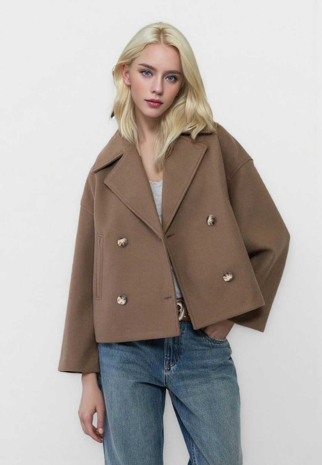 Damen nan kurzes doppeltreihiges Wollmix-Manteljacke im Boxy-Cut mit weitem Reverskragen Drune