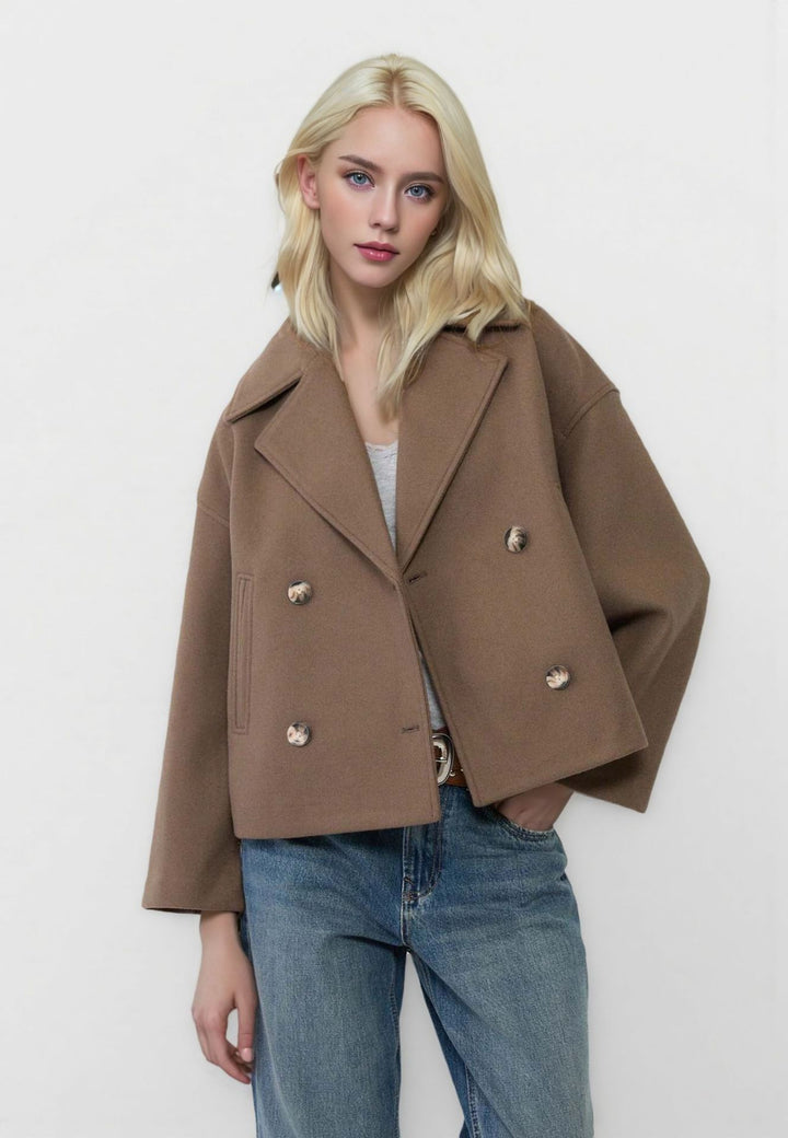 Damen nan kurzes doppeltreihiges Wollmix-Manteljacke im Boxy-Cut mit weitem Reverskragen Drune