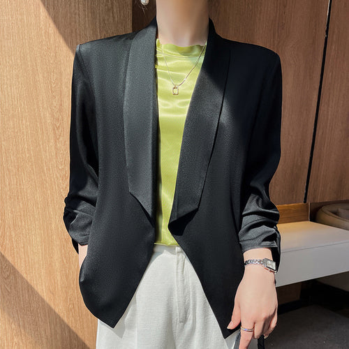 Damen Schalkragen-Blazer mit Satinbesatz, offener Front und legerer Kurzform Drune