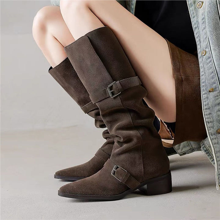 Damen Kniehohe Veloursleder-Slouch-Boots mit spitzer Zehenpartie, verstellbaren Zierschnallen und komfortablem Blockabsatz Drune