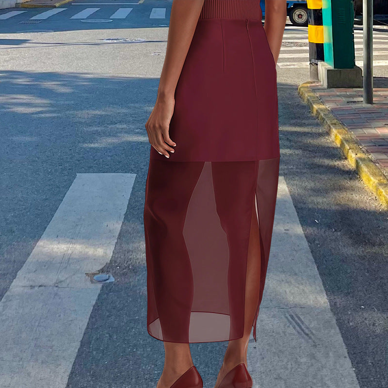 Damen Elegante durchsichtige Midi-Rock mit seitlichen Schlitzen und strukturierter Taille Drune