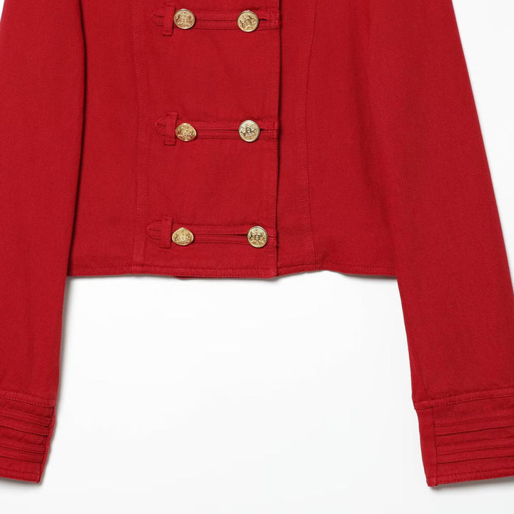 Damen Kurze Militärblazer-Jacke mit Stehkragen und goldenen Zierknöpfen Drune