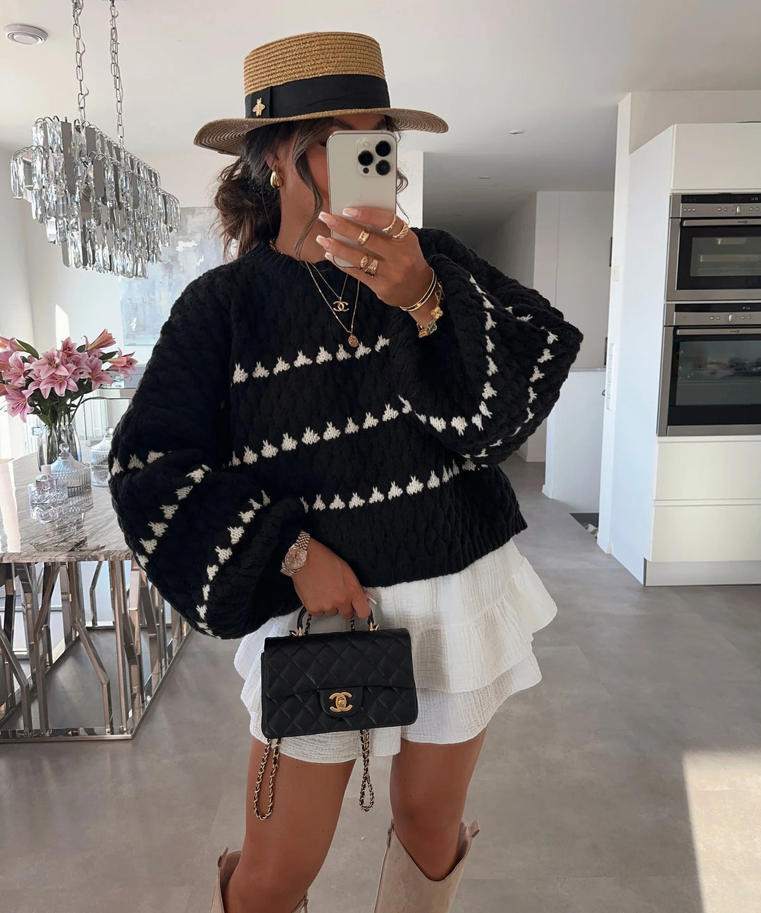 Damen eleganter Strickpullover mit weiten Ärmeln und grafischem Muster Drune