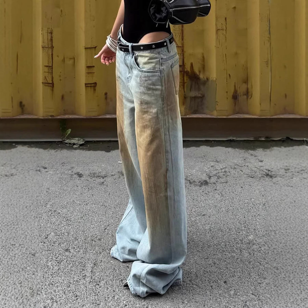 Damen Extraweite Jeanshose mit tiefem Bund, weitem Schlag und Used-Waschung Drune