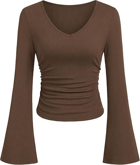 Damen Geripptes Cropped-Top mit V-Ausschnitt, taillierter Raffung und ausgestellten Trompetenärmeln Drune