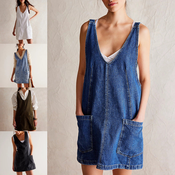 Drune | Denim Träger Pocket Verstellbares Mini Kleid