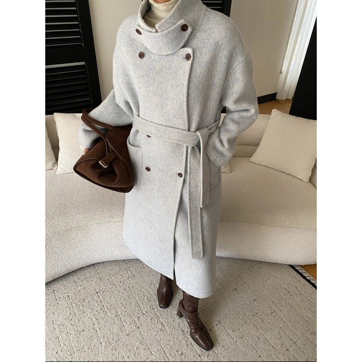 Damen eleganter Wollmantel mit doppelter Knopfleiste und Taillengürtel Drune