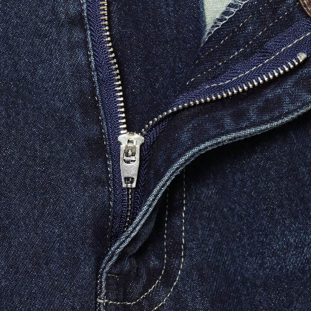 Damen hochgeschnittene Jeans mit weitem Bein und Lederbesatz am Bund Drune