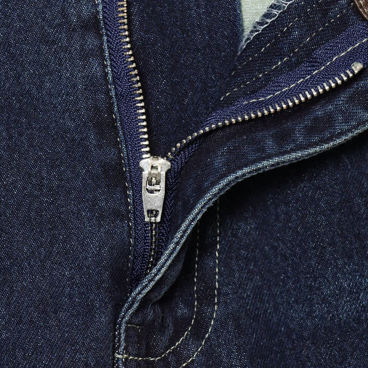 Damen hochgeschnittene Jeans mit weitem Bein und Lederbesatz am Bund Drune