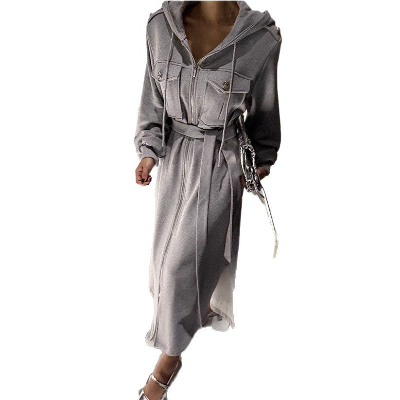 Damen Langes Kapuzen‑Sweatkleid mit Reißverschluss, Pattentaschen, Ballonärmeln und Seitenschlitzen Drune