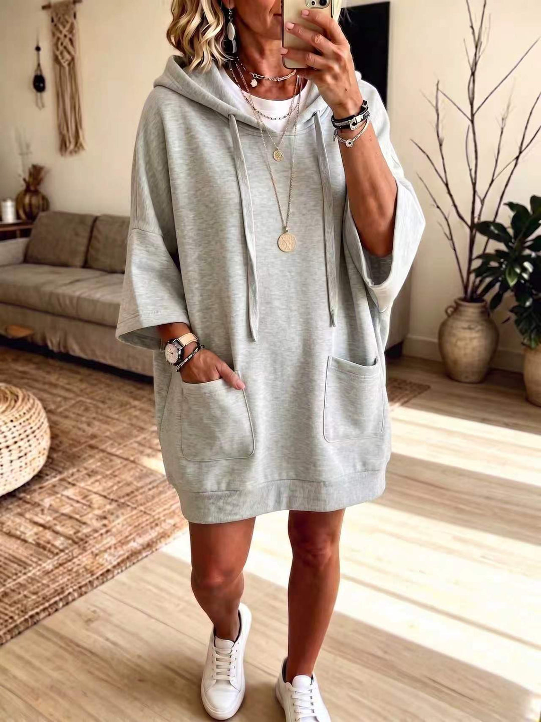 Damen Oversize Hoodie-Kleid mit Kängurutaschen und halblangen Ärmeln Drune