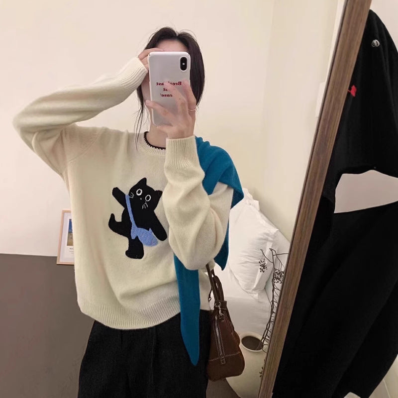 Damen kuscheliger Pullover mit Katzenmotiv Drune