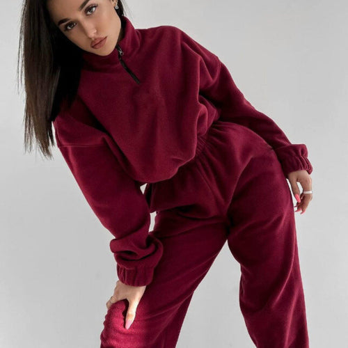 Damen Relax-Fleece-Set mit Stehkragen-Halbzip und geraffter High-Waist-Hose Drune